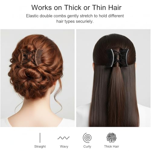 4 Pack Clips de Pelo con Doble Peine Elástico Negro y Marrón miniatura 6