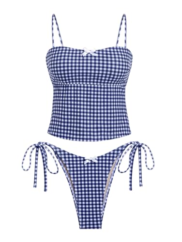 seamoly Women's Tankini Sets Sexy Open Back Two Piece Swimsuit High Cut Side Tie Thong Bathing Suit Floral Gingham Bikini