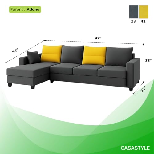 Image of CASASTYLE Texon 5 Seater Fabric LHS L Shape Sofa Set (Yellow-Dark Grey) Velvet Finish | Comfortable Sectional Sofa Set