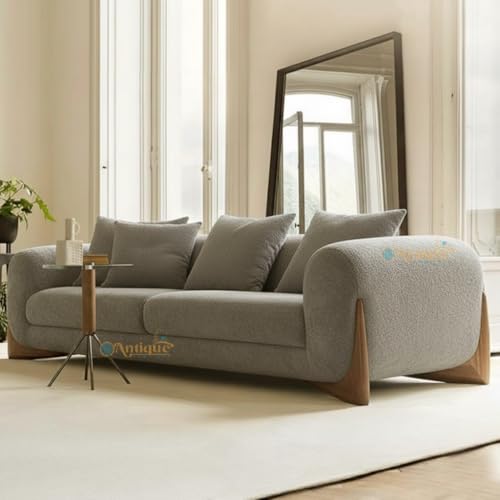Image of Modern Sofa, Teddy Fabric, Chesterfield Style, Wooden Legs, for Living Room, Bedroom, Hallways (3+1+Ottoman, Light Grey)