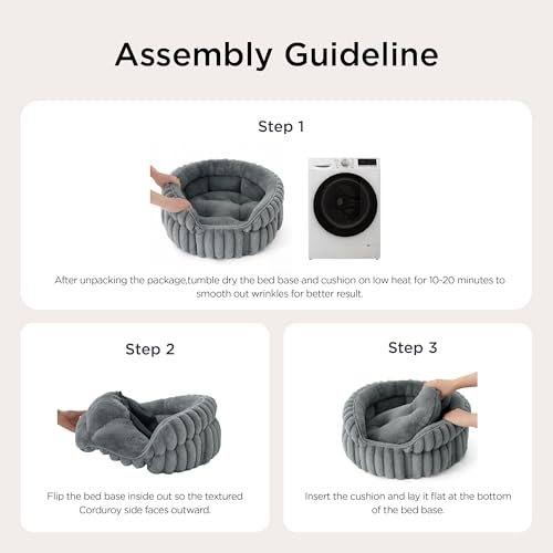 Image of Bedsure Cat Bed Washable Kitten Bed - 51x51cm Corduroy Fleece Small Round Cat Beds for Indoor Cats, Puppy Bed with Non-Slip Bottom and Removable Reversible Cushion, Grey