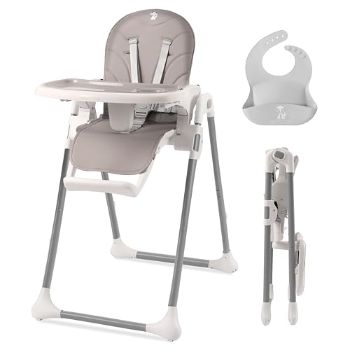 Image of Sweety Fox High Chairs for Babies and Toddlers - Grey - Adjustable Portable & Foldable Baby High Chair with Bib Included - Removable Baby Chair Tray - Compact Reclinable Baby Highchairs