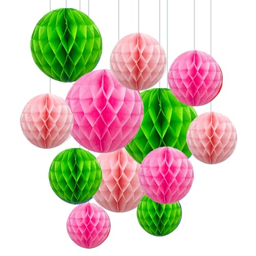 Image of ZOOYOO 12Pcs 6 inch 10 inch Honeycomb Balls Decorations Hanging Tissue Paper Pom Poms for Birthday Wedding Engagement Hawaiian Luau Theme Party Decorations(Green Pink)
