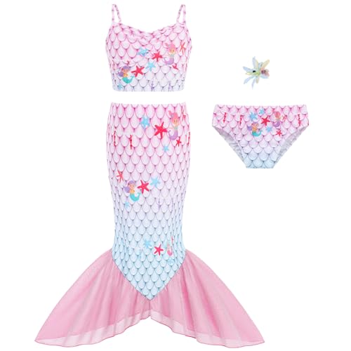 JQGBBOX Pink Mermaid Girls Bathing Suit 3Pcs Bikini Bottoms Ruffle Hem Swimsuit Kids Beach Pool Swimwear 5-6Y