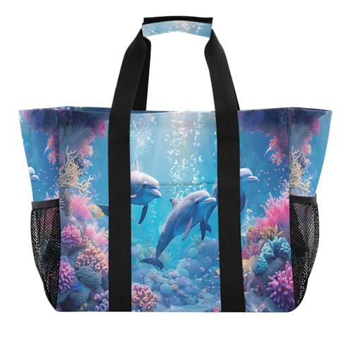 Ocean Dolphins Large Beach Bag Waterproof Beach Tote Bags for Women Travel Gym Pool
