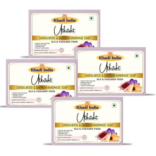 Image of Khadi Sandalwood & Saffron Handmade Bathing Soap Bar 125g (Pack of 4) | Natural & Herbal | Deep Cleansing for Glowing & Brightening Skin | Evens Out Skin Tone | All Skin Types | Men & Women