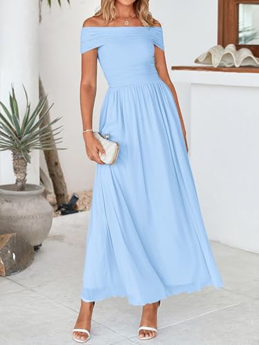 Image of MASCOMODA Women Off The Shoulder Mesh Maxi Dress Bodycon Ruched Formal Sleeveless Pleated Cocktail Wedding Guest Long Dresses