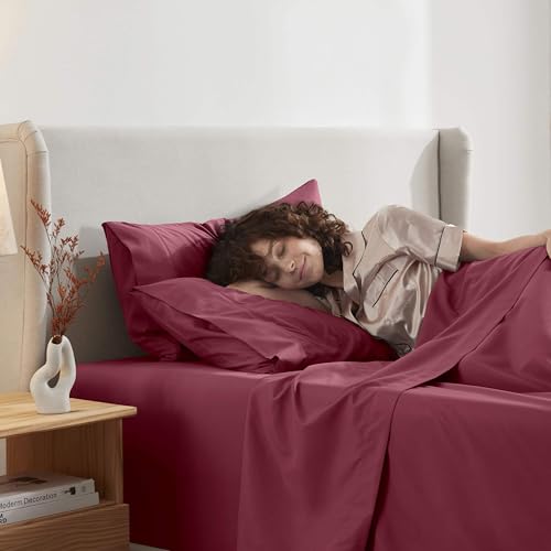 Image of Nestl Twin XL Bed Sheet Set - Burgundy Red - 3-Piece Deep Pocket | Instantly Soft, Night-One Ready (No Wash Required). Fits 16-Inch Deep Pockets, 360-Degree Elastic Grip