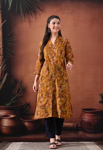 Image of Ichaa Women's Pure Cotton A-Line Ethnic V-Neck Kurta with 3 /4th Sleeve for Daily and Office Wear, in Plus Sizes