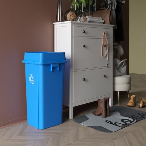 Image of 23 Gallon Blue Square Commercial Trash Garbage Can with Lid | Outdoor Office Restaurant School Kitchen