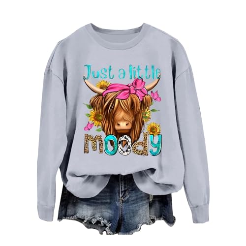 Mgoohoen Womens Fall Fashion 2025 Just a Little Moody Western Ranch Sweatshirts for Women Cute Cow Highland Graphic Shirt Casual Long Sleeve Pullovers