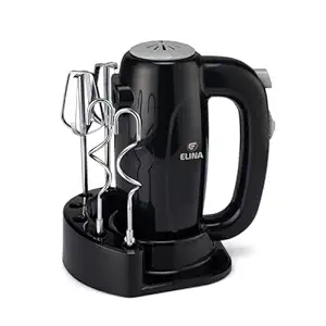 Elina 300-watt Hand Mixer with Stand | 5 Variable Speed Control | 2 Dough Steel Hooks, 2 Whiskers/Beaters | 1 Year Warranty | Black