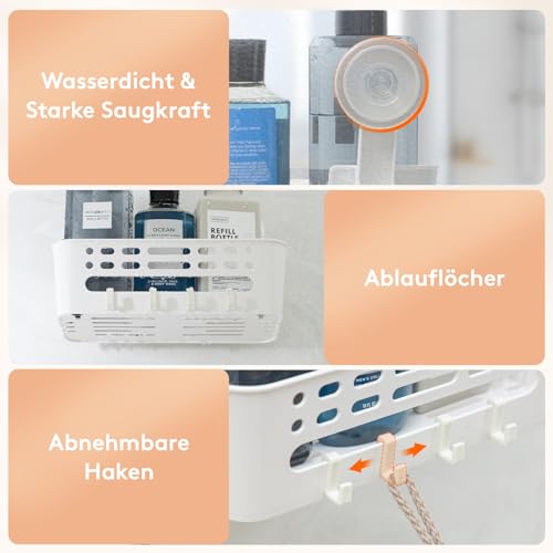 Lifewit Saugnapf Badregal, Duschablage Ohne Bohren, Kunststoff Bad Duschablage mit 4 Haken Duschregal Abnehmbar für Shampoo Conditioner Halter Duschkorb für Badezimmer Küche Organizer, 1 Stück