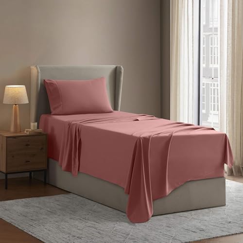 Image of Nestl Twin Bed Sheet Set - Pink Clay - 3-Piece Deep Pocket | Instantly Soft, Night-One Ready (No Wash Required). Fits 16-Inch Deep Pockets, 360-Degree Elastic Grip