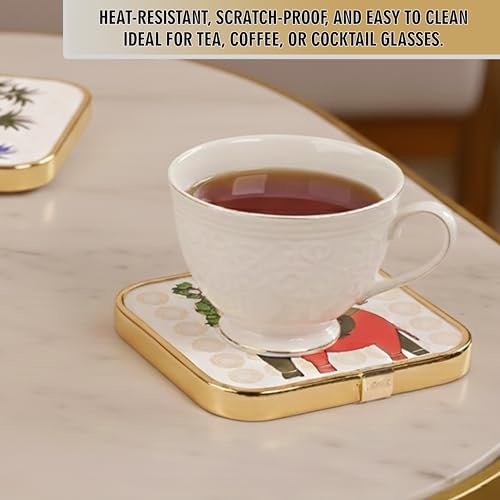 Image of Rousrie Stylist Modern Wooden Coasters with Golden Border | Set of 6 | Stand Included Premium Handmade Coaster for Tea Cups, Coffee Mugs, Beer Mugs, 10 by 10 cm (Warli Pattern)