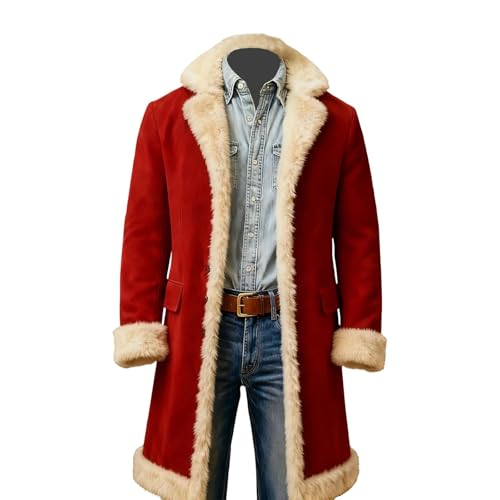 Christmas Costume Mens Santa Trench Coat Trendy Fur Trim Coats Long Peacoats Xmas Blazer Jacket Overcoat Holiday