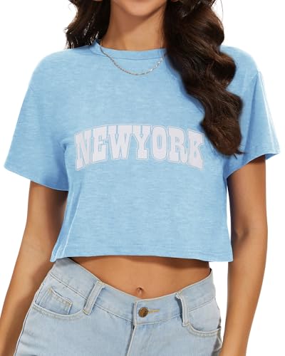 Image of Womens Summer Crop Tops Short Sleeve Round Neck T-Shirts Loose Fit Casual Blouse 2026