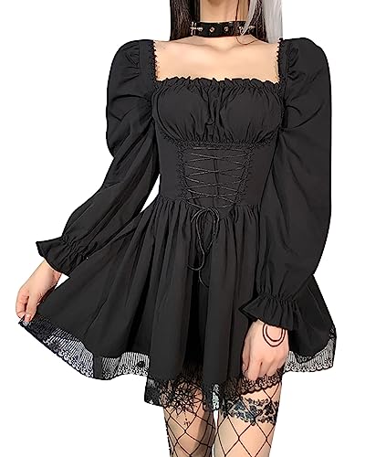 DINGJIUYAN Long Sleeve Dress Women Square Neck Ruched Corset Mini Dresses Vintage Lolita Gothic Pleated Milkmaid Dress Black S