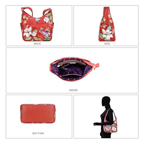 Anuschka Women's Hand-Painted Genuine Vegetable Tanned Leather Classic Hobo with Side Pockets - Crimson Garden4