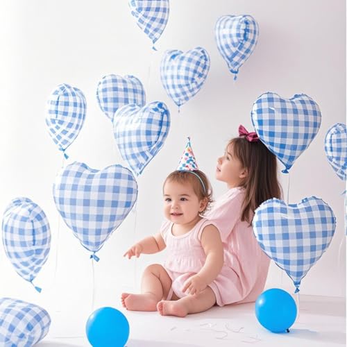 Image of 10 Pcs Blue Checked Heart Balloons, 18 Inch Pastel Blue And White Plaid Heart Shaped Balloon For Romantic Wedding Propose Valentine Engagement Bridal Shower Love Graduation Party Decorations