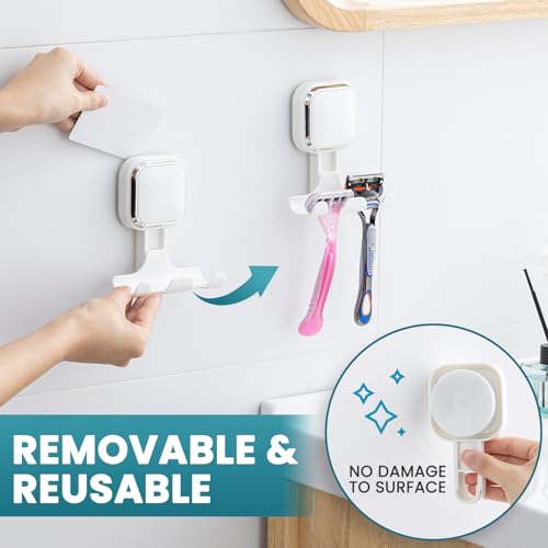 Image of TAILI Suction Cup Razor Holder for Shower Wall 2 Pack, Versatile Suction Cup Hooks for Razor, Towel, Loofah, Squeegee, Cell Phone, Removable Damage-Free Hanging Shower Hook, Shaver Holder, White