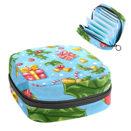 Sanitary Napkin Storage Bag for Women Cute, Feminine Menstruation Pad Holder for Period, Portable Zipper Menstrual Pad Bags Christmas Pattern Candies Holly Leaves Bells