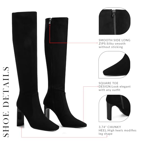 VOMIRA Knee High Boots Women Chunky Heel Square Toe Black Boots for Women High Heel Side Zipper Dress Long Boots Stretch Leather Tall Boots3