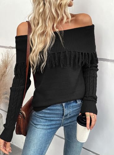 EVALESS Womens Off The Shoulder Sweater Fall Fringe Long Sleeve Loose Pullover Sweaters Tops3