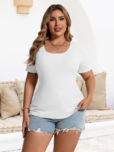 Chulianyouhuo Women's Plus Size Tops Short Sleeve Scoop Neck T Shirts Summer Ribbed Knit Basic Casual Tees Blouse2