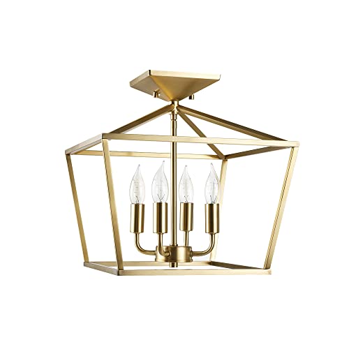 GLOBE Electric 61183 Sheldon 4-Light Semi-Flush Mount Ceiling Light, Brass, Flame Tip Vintage Edison Incandescent Bulbs Included