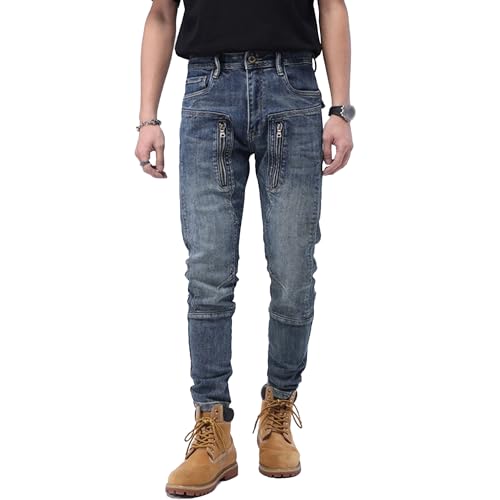 Slim Fit Jeans for Men Stretch Cargo Denim Pants with Zipper Pockets 3D Knee Cut Workwear Style