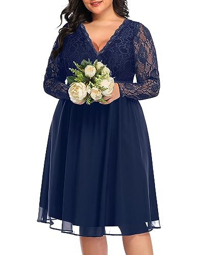 Image of Pinup Fashion Plus Size Lace Chiffon Wrap V Neck Dresses Women Cocktail Wedding Guest Midi Dress
