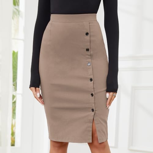 Byinns Pencil Skirts for Women Elastic High Waist Button Slit Work Skirts Stretchy Plaid Bodycon Midi Skirt4