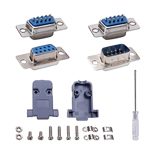 VooGenzek 5 Juegos Conector de Serie DB9, con Capucha de Plástico/Carcasa, Conector Tipo Soldadura de RS232 Macho Hembra 9 Clavijas D Sub, para Conexión de Computadora