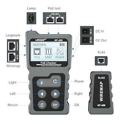 NOYAFA-NF-488 PoE Tester Inline Tester Power Over Ethernet Voltage Current Tester Test for POE Testing, Network Cable Continuity Checking, DC Power & Switch Loop-Back Test PoE Detector