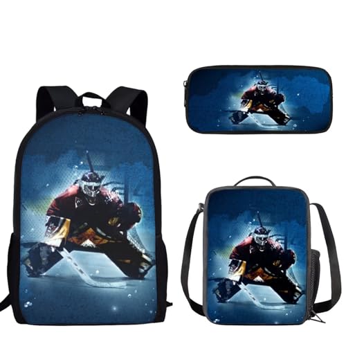 School Bookbag With Lunch Box Pencil Case Casual Daypack, Ice Hockey Goalie Backpacks Set 3-in-1 Kids Backpack Durable School Bags
