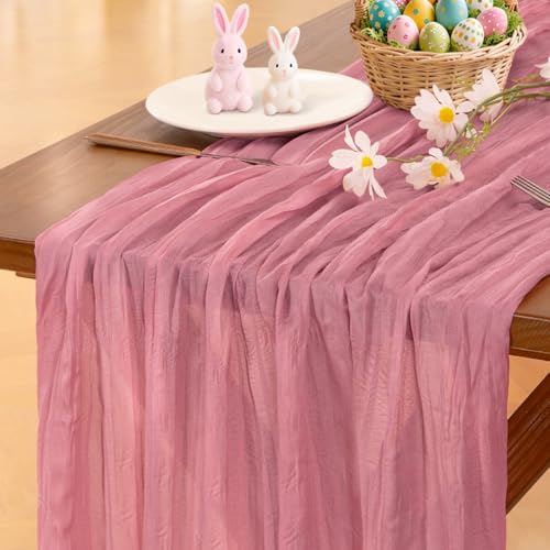 Image of Socomi Mauve Cheesecloth Table Runner Boho Rustic Summer Gauze 120 inch 10FT Cheese Cloth Sheer Runner for Wedding Party Baby Shower Birthday Home Decor Holiday Decorations
