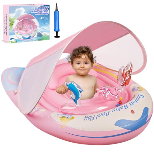 Baby Pool Float with Canopy,Baby Floaties 6-12 Months with UPF 50+ Sun Protection & Toy Play Console,Tdooler Float Features an Adjustable Safety Seat for Girls,Toddler,Infant Aged 6-36 Months.