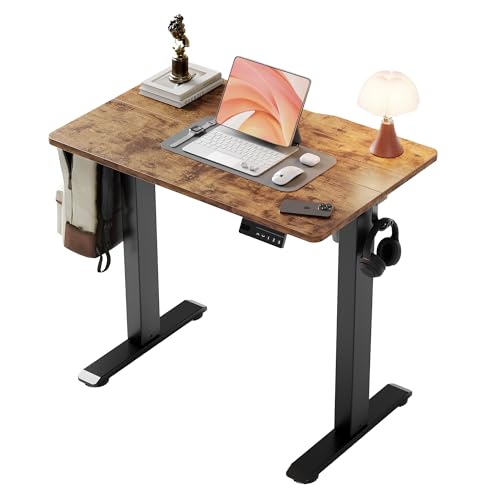 Image of YDN 32 inch Small Electric Standing Desk Adjustable Height, Sit Stand up Desk with Memory Presets & Cable Management, Home Office Desk for Office & Computer Workstation, Black Frame /Rustic Brown Top