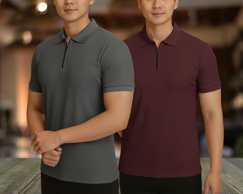 Image of MACK JONNEY Men's Cotton Self Design Polo T-Shirts | Front Half Zipper | Pack of 2 | Multicolour