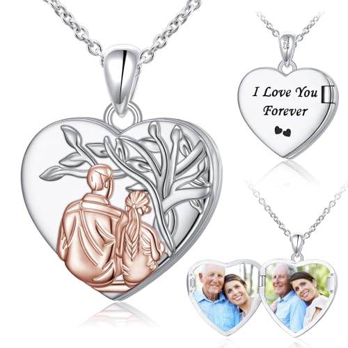 Father and Daughter Locket Necklace S925 Sterling Silver Love Heart Keepsake Hold Pictures Photo Locket Memory Pendant Jewelry Birthday Gifts for Women Daughter Sister