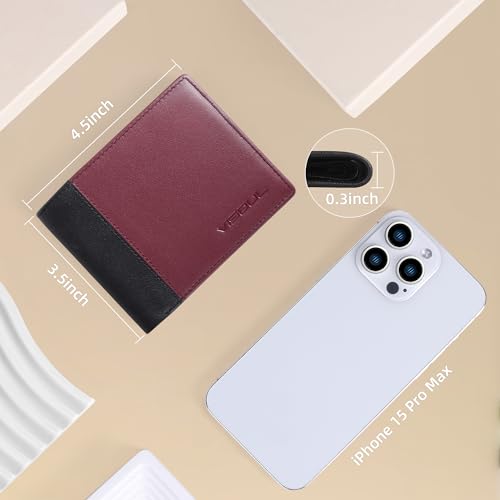 VISOUL Leather Bi-fold Wallets for Men with RFID Blocking Two Tone, Compact Men¡¯s Wallet with 1 ID Window and 2 Cash Compartments (Wine Red and Black)4
