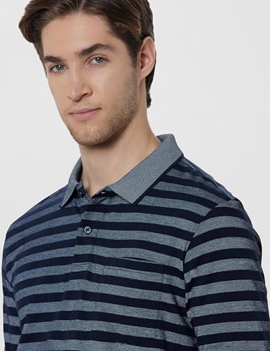 Image of Peter England Men's Cotton-Polyester Blend Striped Polo T-Shirt | Casual Wear | Durable & Trendy