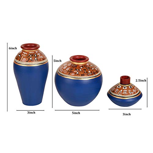 Image of Aakriti Art Creations Exotic Warli Vases Set of 3 in Blue | Handmade Terracotta Flower Vases | Matte Finish Warli Art Decorative Vases for Living Room, Table Decor & Gifting