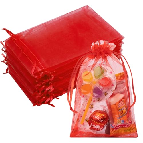 Image of 50PCS Red Organza Bags 4x6, Small Gift Bags Sheer Mini Mesh Pouches Drawstring Baggies for Women Jewelry Makeup Candy Soap Goodie Birthday Mother's Day Wedding Favors Gifts Wrapping Supplies