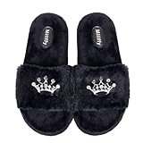 Millffy Plush Fluffy Slippers Princess Crown Bling Bling Diamond crown jewelry Ladies Shoes Pink Girl Home Slippers (9-10 M US, Black)