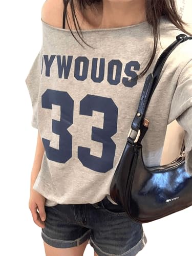 Image of SXV STYLE Women's Casual Letter Print Asymmetric Neck Loose Short Sleeve T-Shirt,