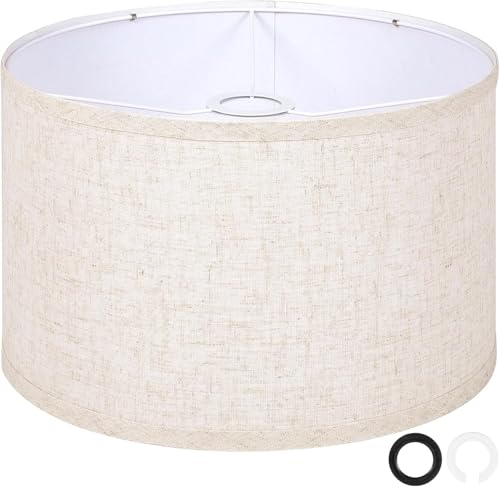 OUTON Blanc Grand Abat-jour pour Lampadaires, 40,6cm x 40,6cm x 22,9cm, Facile à Monter, Abat-jour de Remplacement en Forme de Tambour en Lin pour Lampes de Table