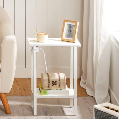 HOOBRO Mesa Auxiliar Estrecha, Mesita de Sofá de 2 Niveles con Estación de Carga, Mesita de Noche con Estante, para Espacio Pequeño, Salón, Dormitorio, Estudio, Blanco EWT240CBZ01 - imagen 6