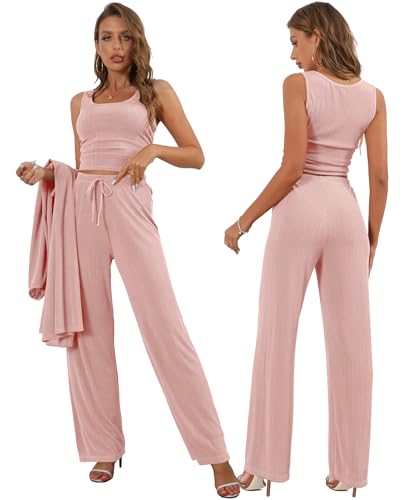 Image of 3 Piece Lounge Sets for Women Airport Travel Outfit | Long Cardigan,Tank Top ,Wide Leg Pants with Pockets,Comfy Loungewear,Casual Chic, Airplane Clothing,Vacation Matching Set